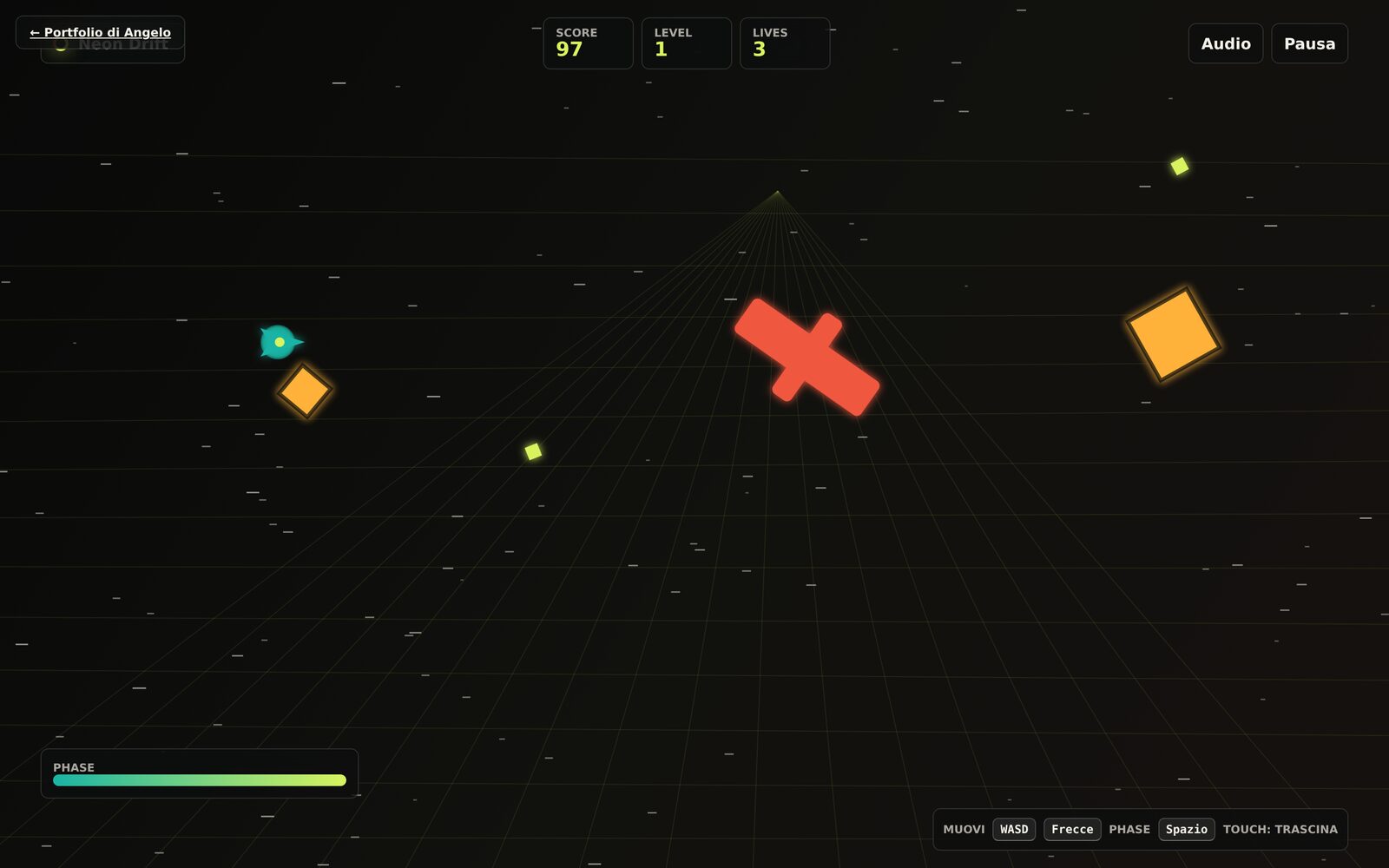 Schermata del videogioco Neon Drift: pista al neon con scia luminosa