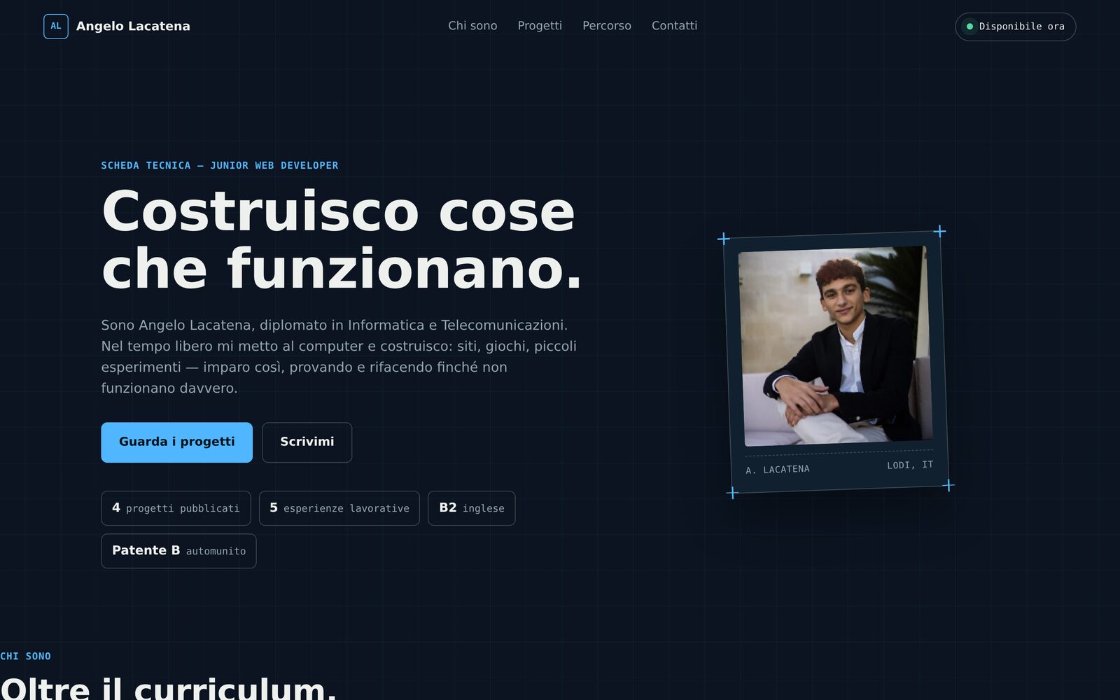 Pagina principale della prima edizione del portfolio, impostata come scheda tecnica